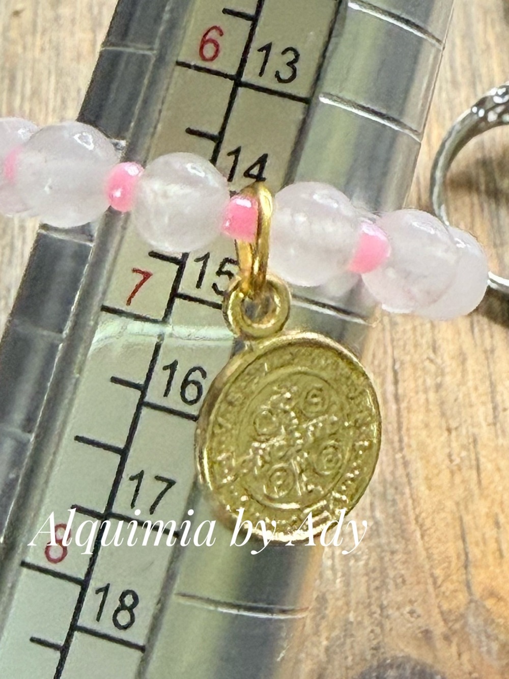 BEADED + stretching Gold Coin Charm Ring with Pink quartz and White Beads